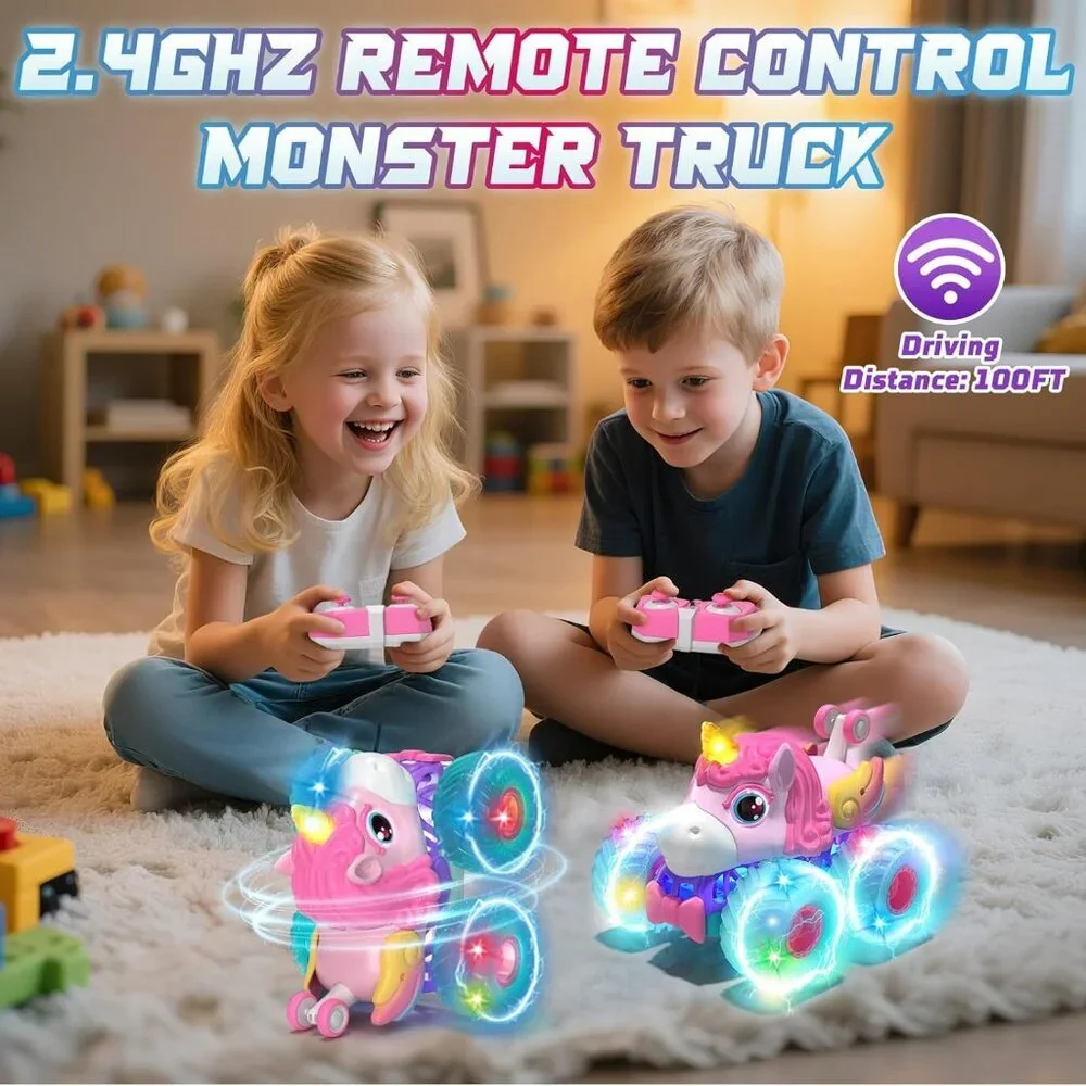 Remote Control Car for Girls 360° Rotating Unicorn Monster Truck RC 4WD Gift